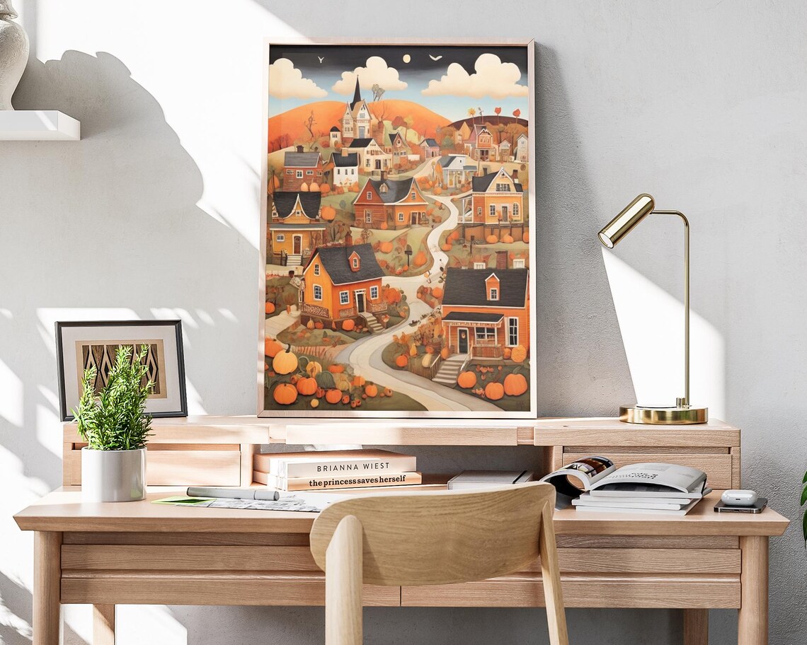 Autumn Village Hilltop Church Winding Road Night Sky Folk Art Poster - Image 4