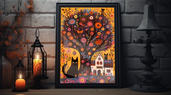 Playful Black Cat Flowering Tree Folk Art Autumn Scene Poster