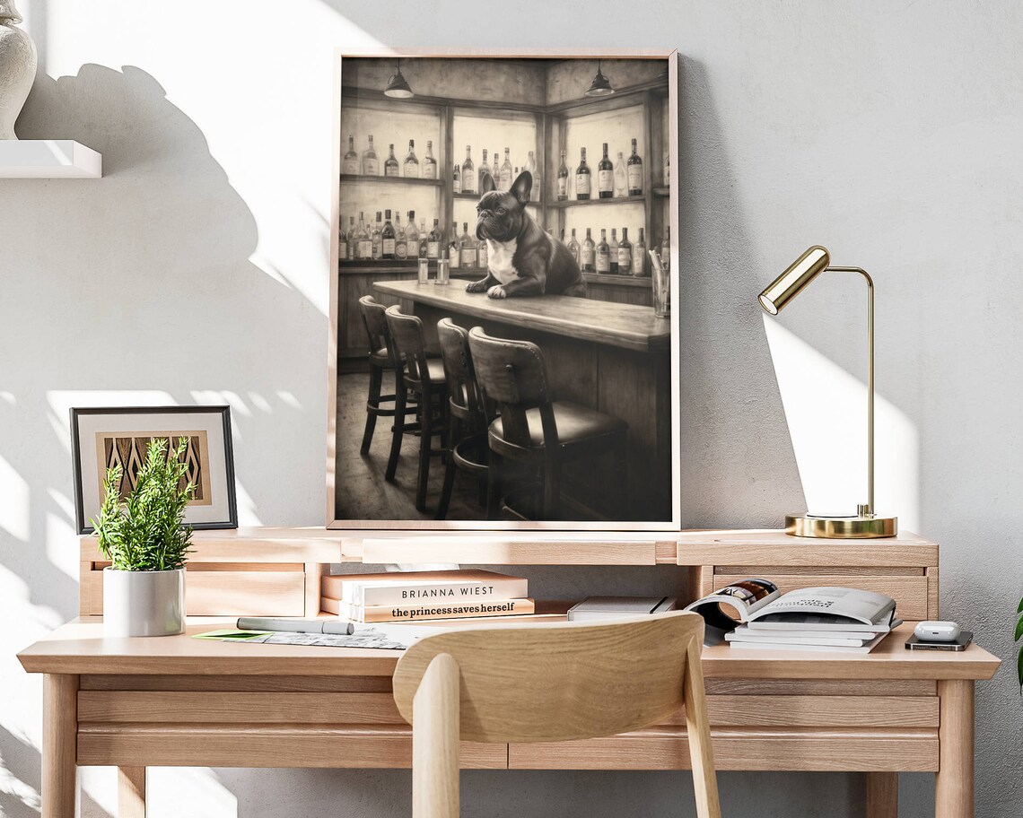 French Bulldog Sitting At Vintage Bar Counter Sepia Wall Art Poster - Image 4
