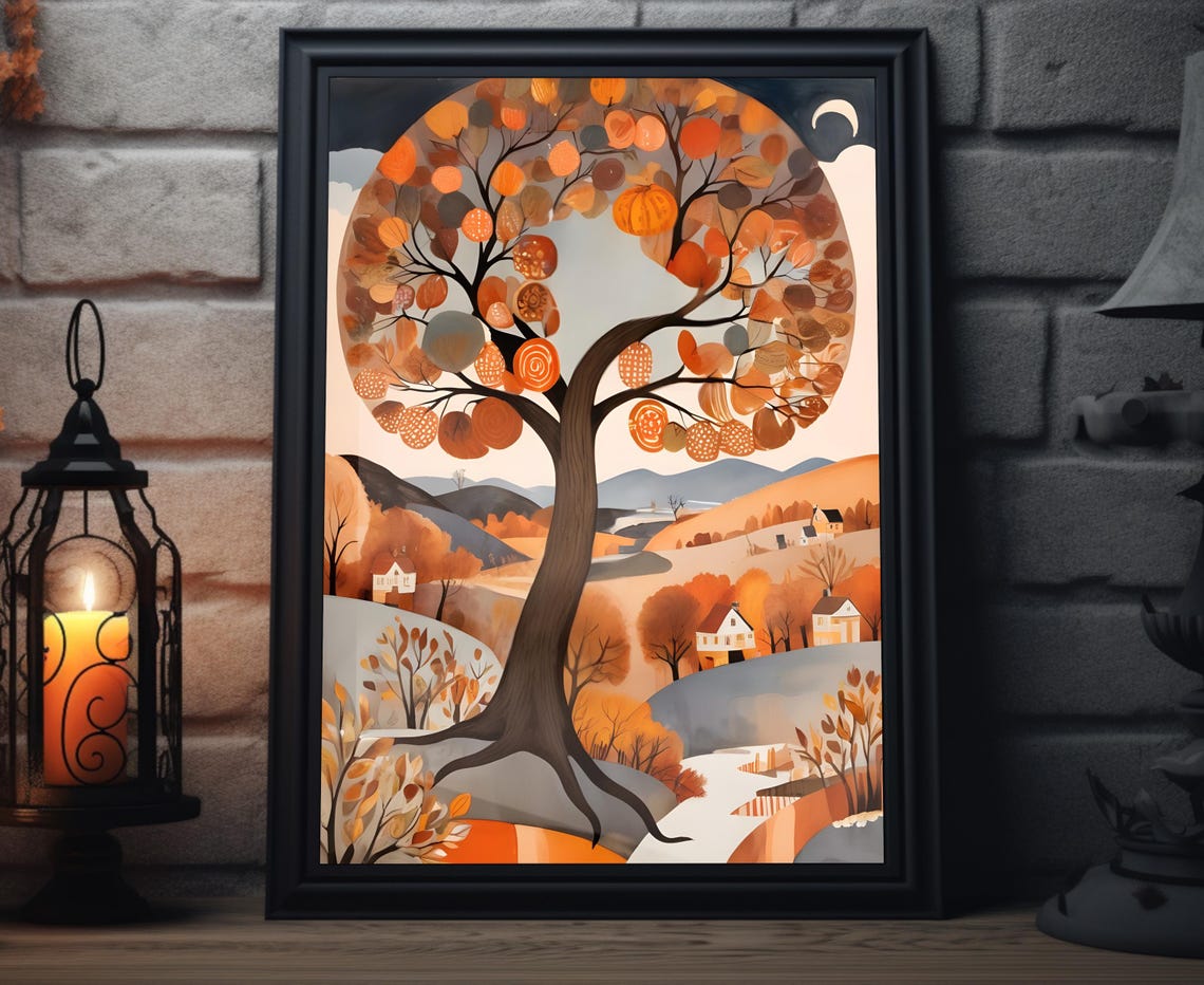 Abstract Orange Tree Rolling Hills Harvest Moon Folk Art Poster