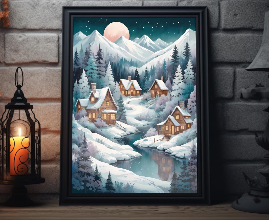 Mountain Cabins Moonlit Winter Night Snowy River Alpine Poster