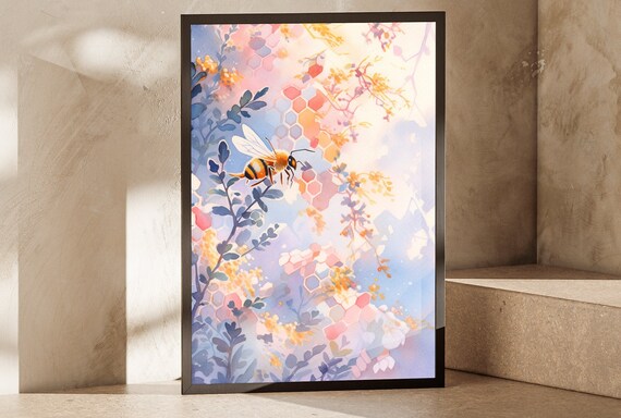 Honeybee Honeycomb Pastel Watercolor Purple Floral Botanical Garden Poster