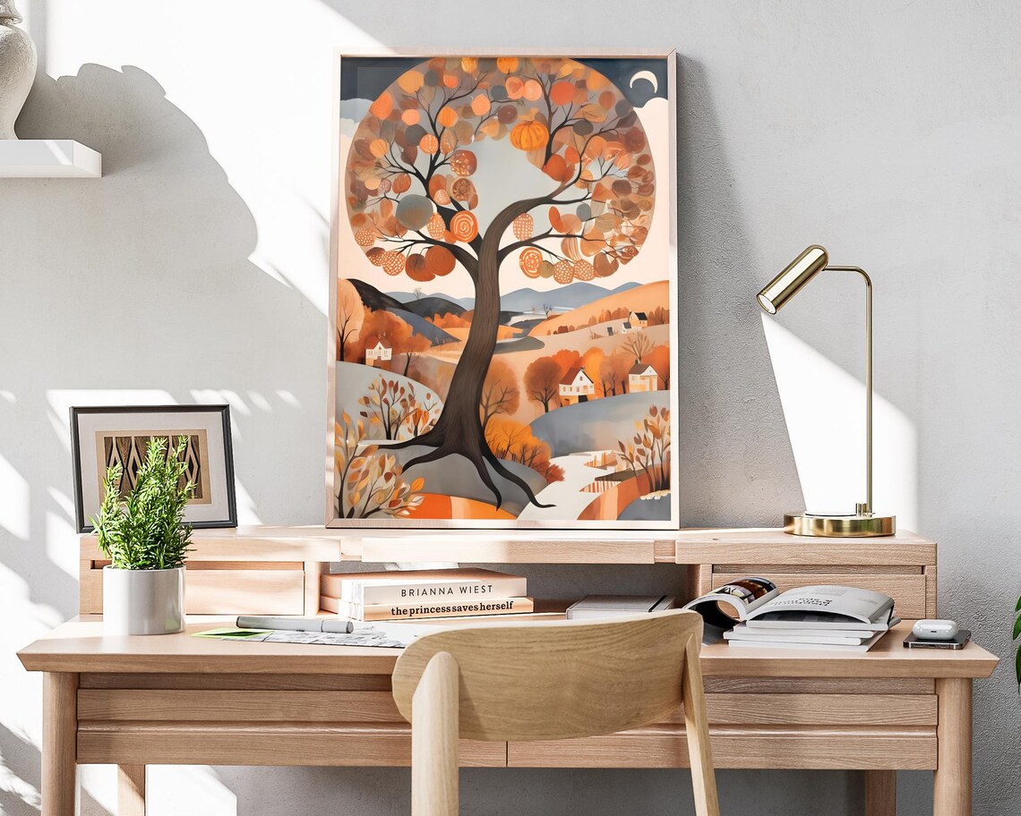 Abstract Orange Tree Rolling Hills Harvest Moon Folk Art Poster - Image 4