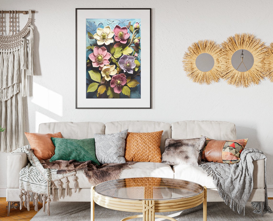 Hellebore Blooms Sculpted 3D Spring Flowers Pastel Art Poster - Image 2