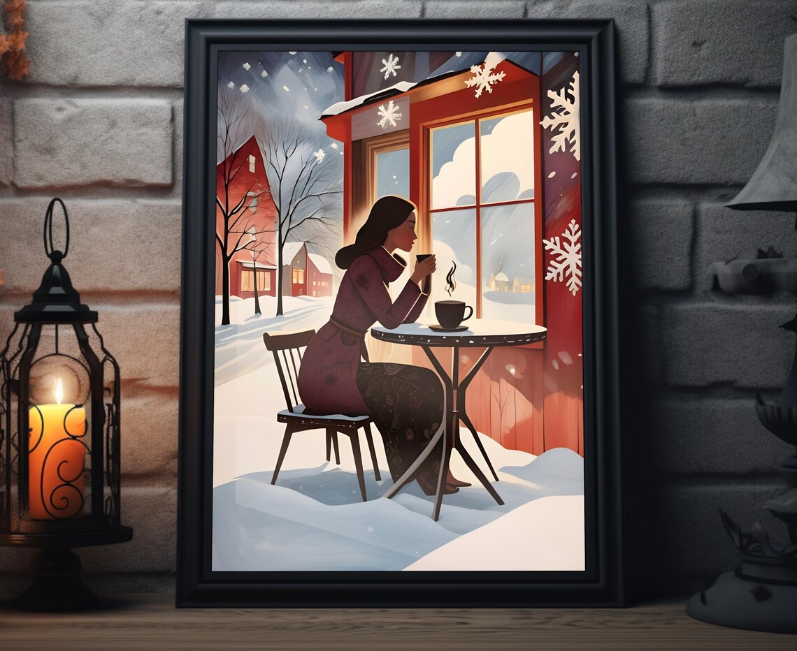 Winter Coffee Snowy Village Cafe Woman Folk Art Christmas Wall Poster