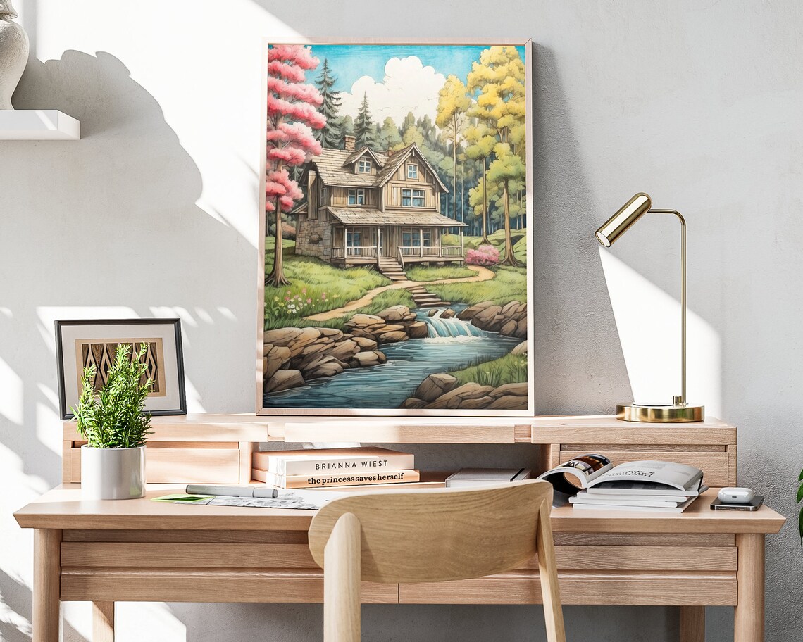 Spring Home Sketched Cabin Stream Waterfall Blossom Trees Poster - Image 4