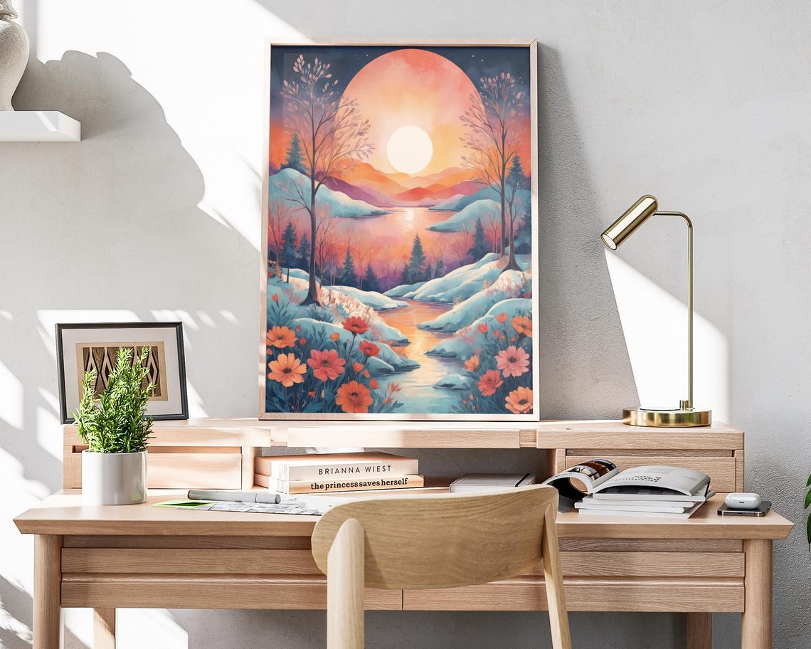 Winter Sunset Pink Mountains Snowy Lake Orange Flowers Poster - Image 4