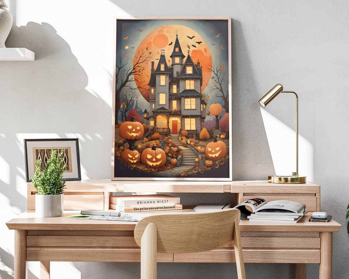 Halloween Haunted House Folk Art Full Moon Jack O Lanterns Spooky Night Poster - Image 4