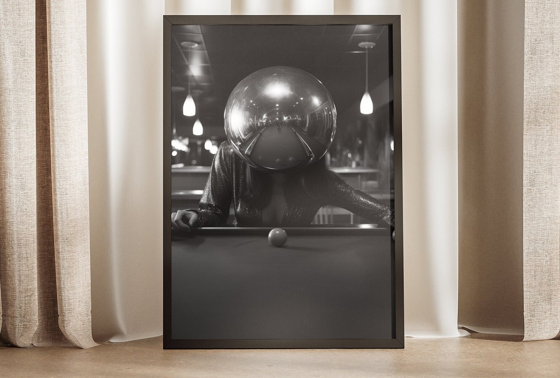 Funky Disco Pool Table Poster 70s Art Print Billiards Wall Decor Retro Design Black And White Unique Gift For Game Room