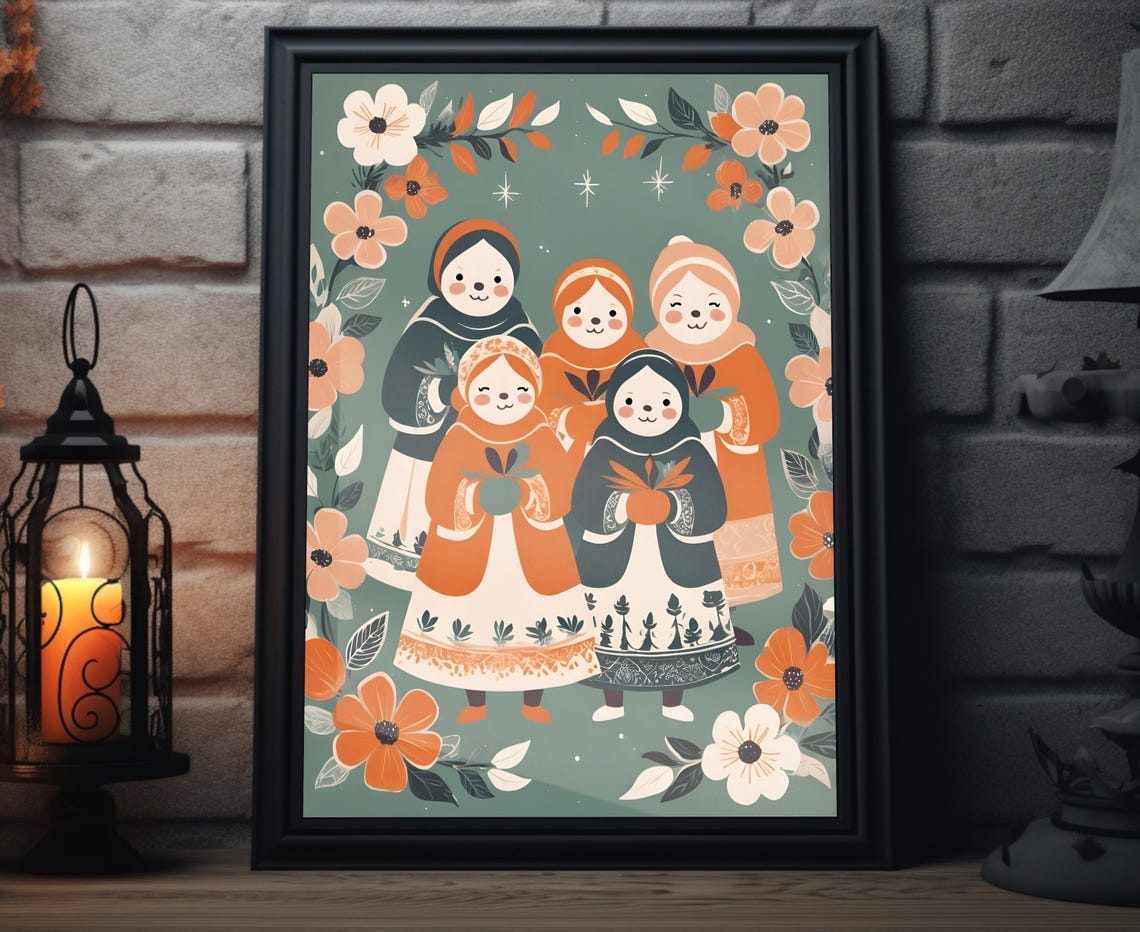 Boho Christmas Carolers Folk Group Lanterns Floral Holiday Poster