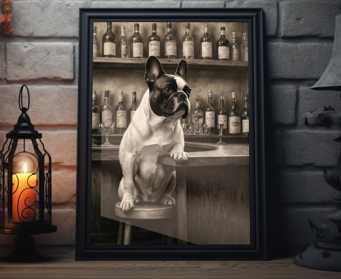 French Bulldog Sitting At Bar Counter Vintage Black White Poster
