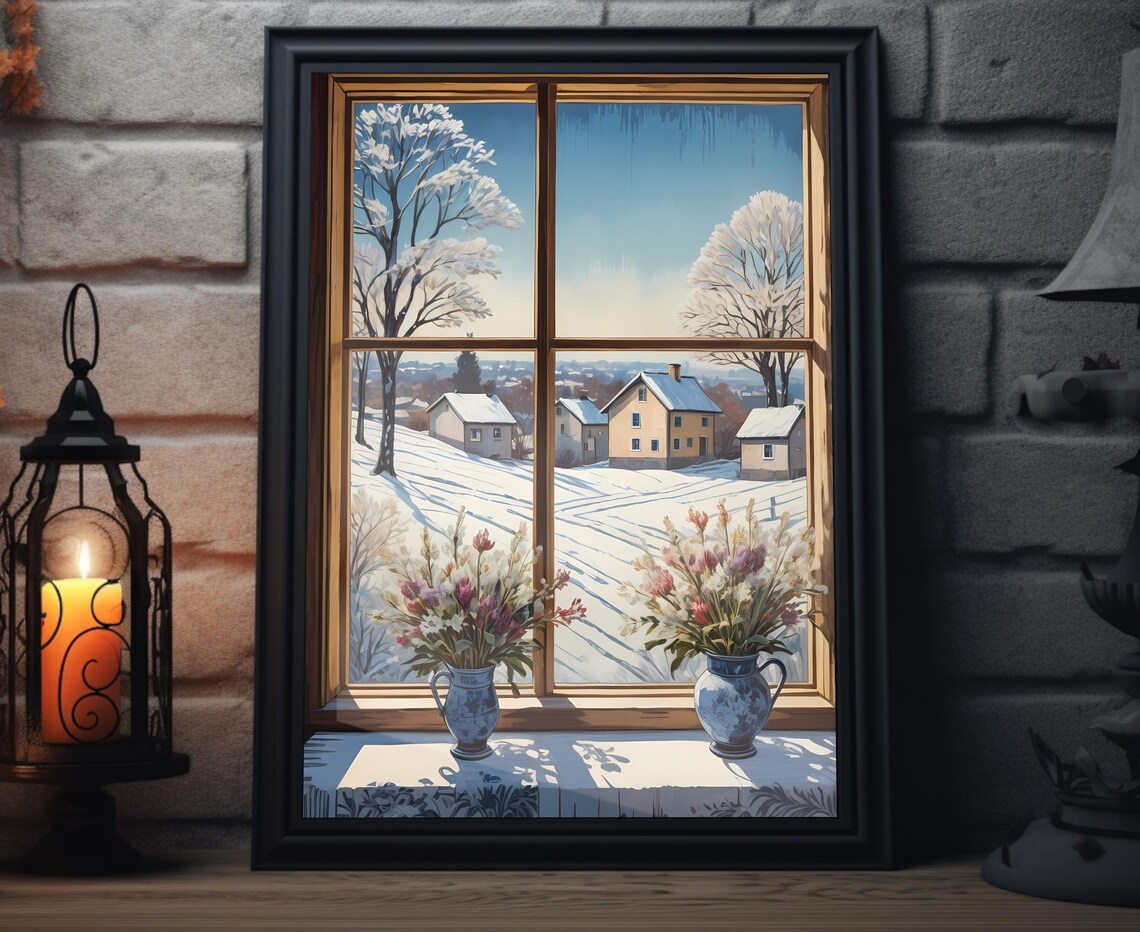 Snowy Village Houses Through Window With Blue Vases Art Poster