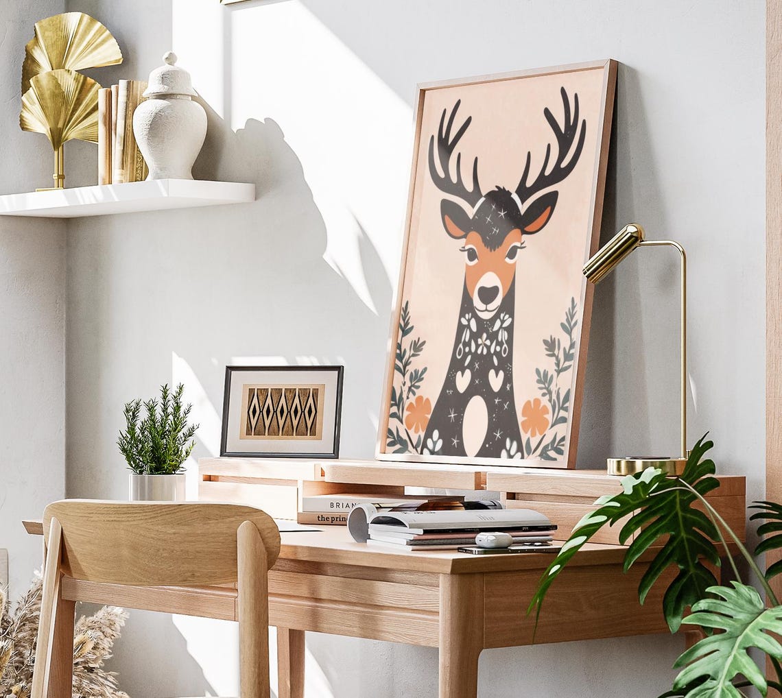 Boho Reindeer Antlers Floral Decorated Body Christmas Holiday Poster - Image 3