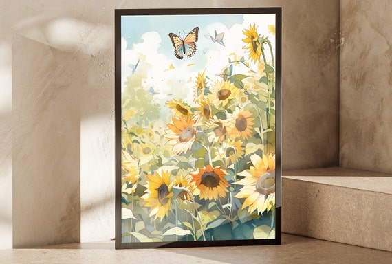 Sunflowers And Butterflies Watercolor Painting Poster Inspired By Claude Monet Beautiful Floral Design Ideal Gift For Nature Enthusiasts