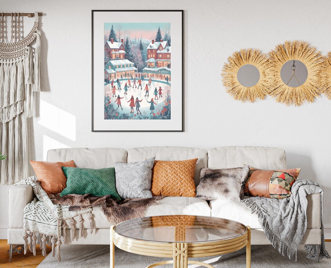 Ice Skating Village Snow Christmas Town Holiday Folk Art Poster - Image 2