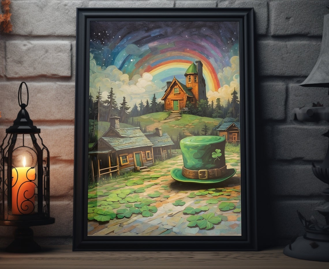 Leprechaun Hat Rainbow Irish Cottages Saint Patricks Day Poster