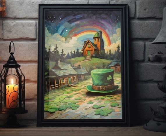 Leprechaun Hat Rainbow Irish Cottages Saint Patricks Day Poster