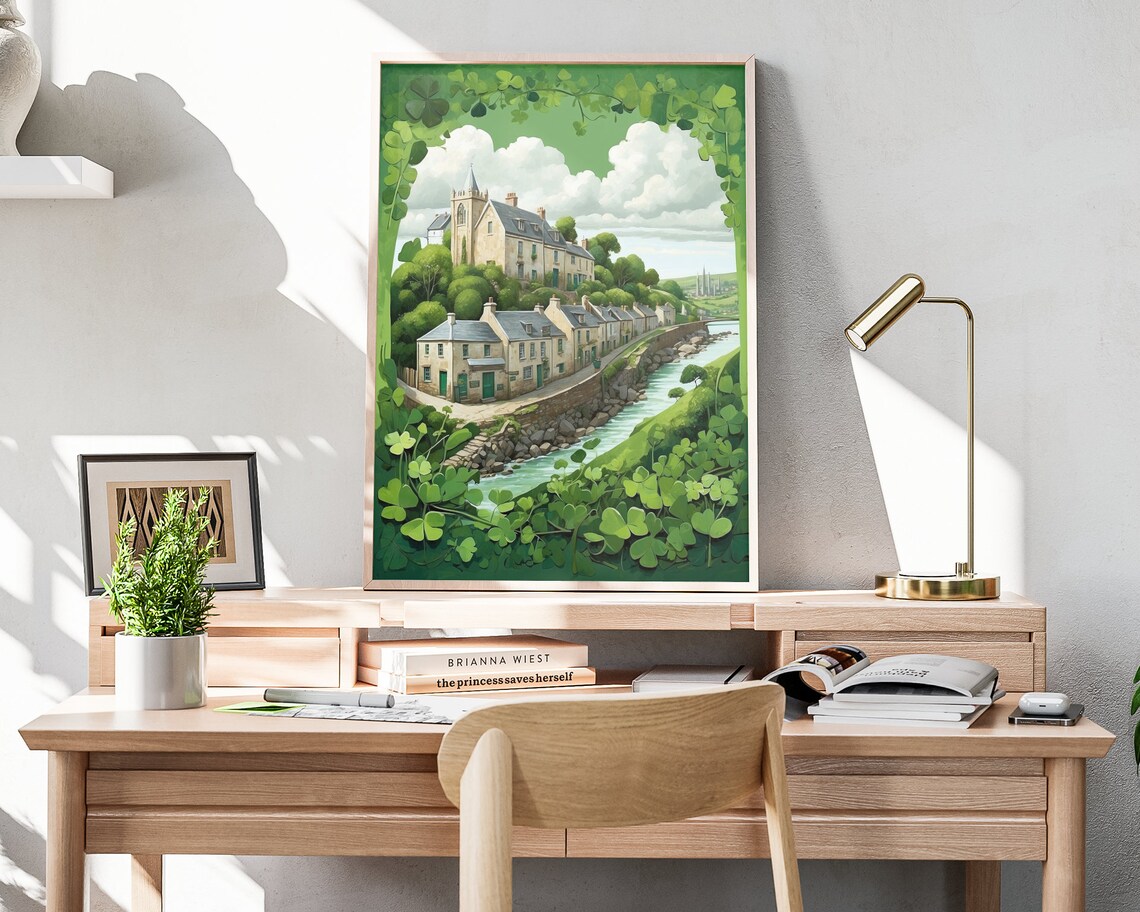 Ireland Riverside Village Church Hill Shamrock Border Folk Art Poster - Image 4