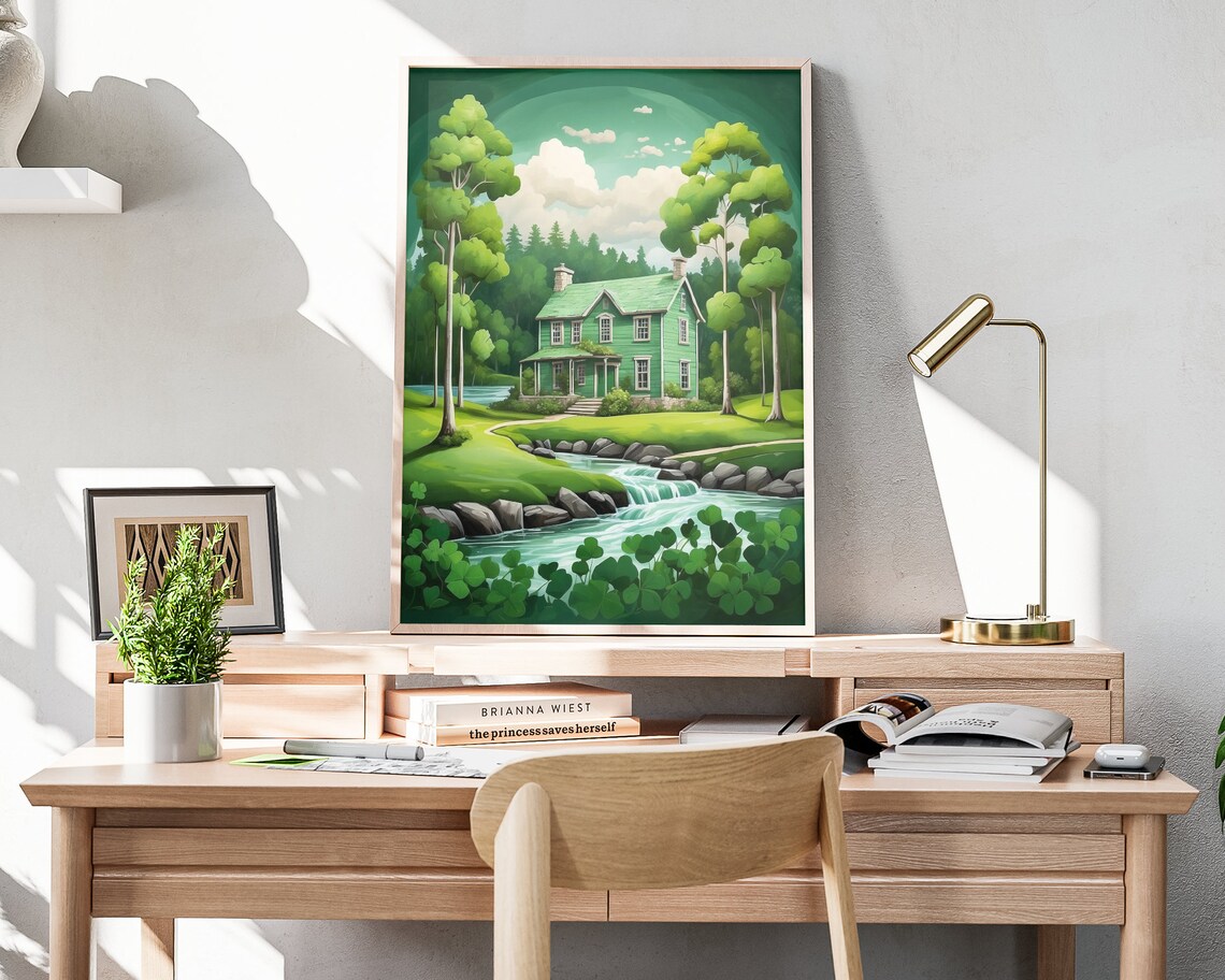 Ireland Green Country House Waterfall Stream Shamrock Folk Art Poster - Image 4
