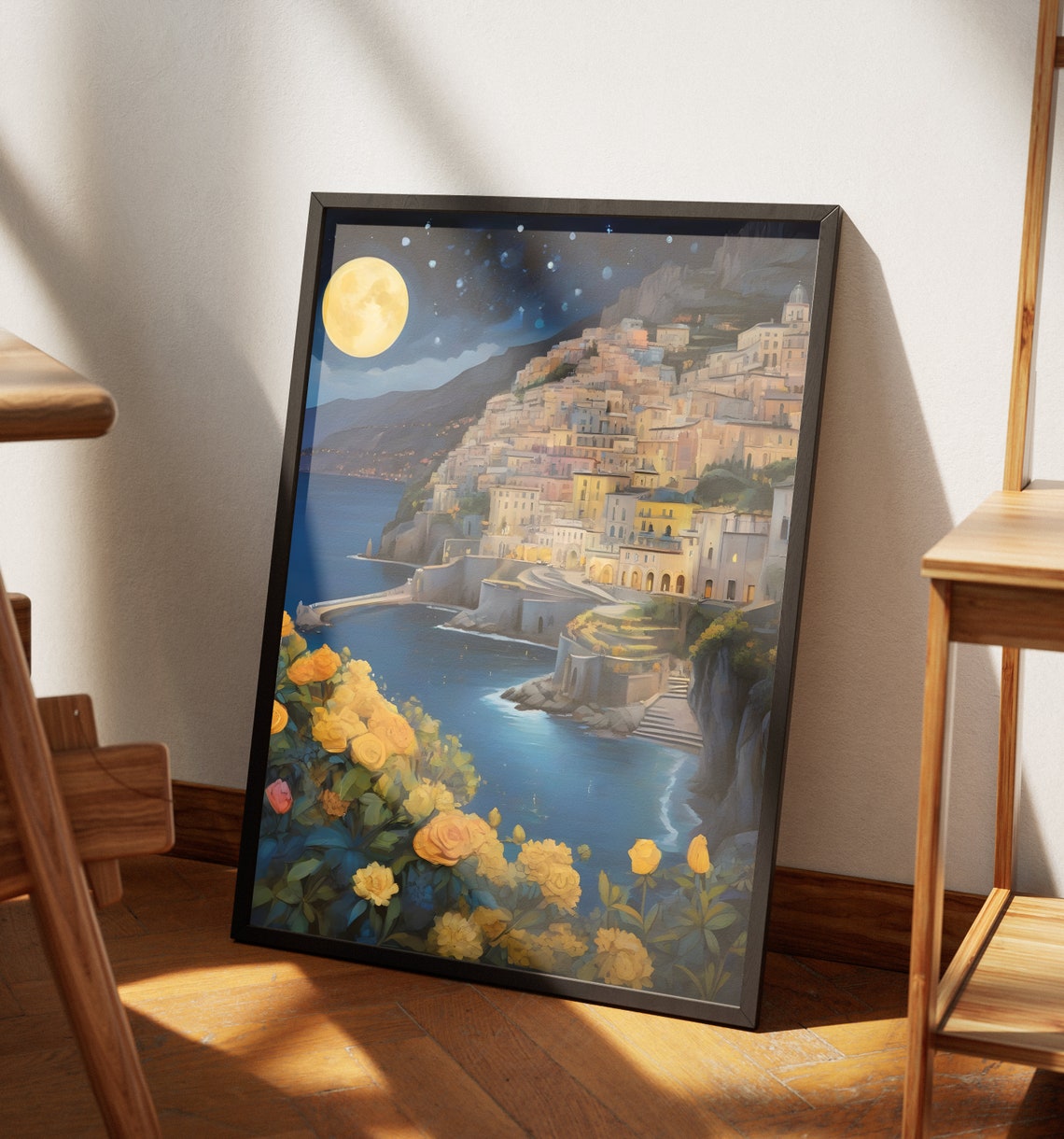 Italy Starry Night Matte Wall Art Italian Lakeview Artwork Coastal City Print Italian Painting Italian Decor Italy Folk Art Poster - Image 4