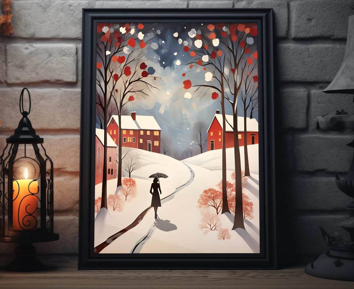 Winter Countryside Woman Umbrella Snowy Path Red Barns Folk Art Poster
