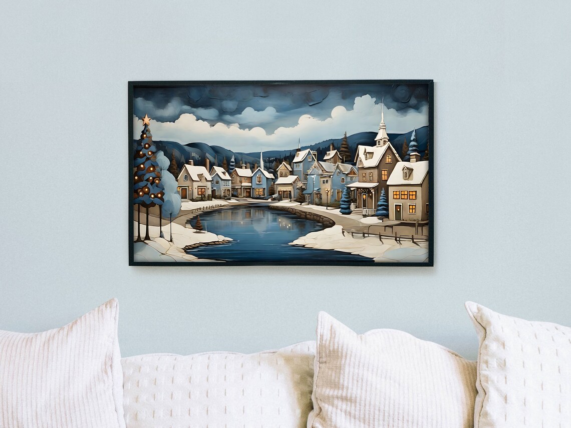 Snowy Christmas Village By Lake At Dusk Panoramic Wall Art Poster - Image 2