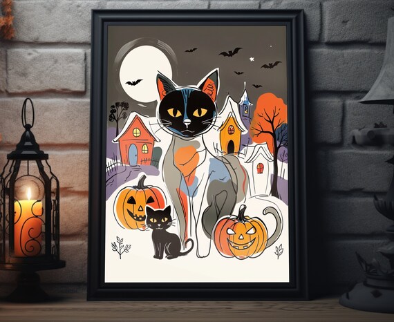 Abstract Halloween Black Cat Pumpkins Moon Haunted Houses Art Poster