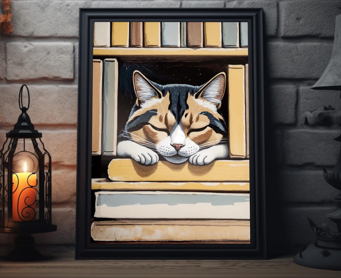 Sleeping Tabby Cat Bookshelf Books Cozy Bookworm Wall Art Poster
