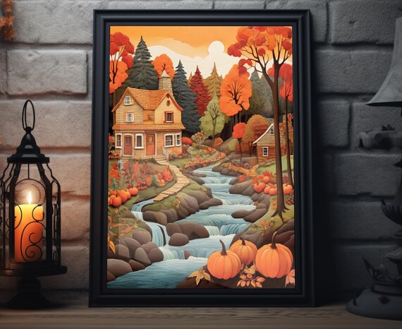 Autumn River Waterfall Cottages Pumpkin Banks Folk Art Poster