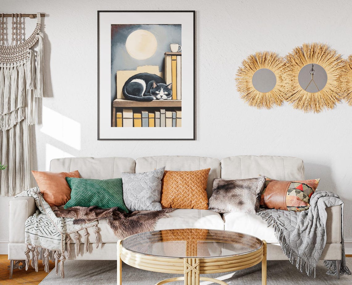 Sleeping Cat Moonlit Bookshelf Books Cozy Library Wall Art Print - Image 2