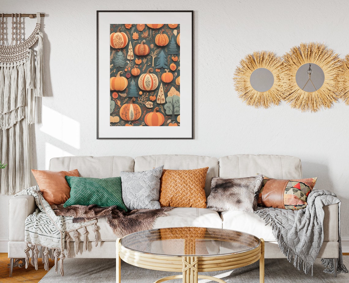 Fall Pumpkin Patch Pattern Teal Orange Autumn Folk Art Poster - Image 2