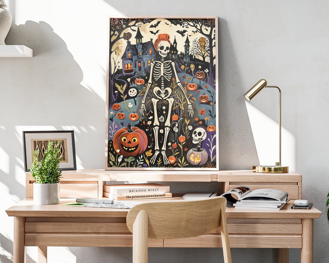 Halloween Skeleton Lady Pumpkins Haunted House Folk Art Poster - Image 4