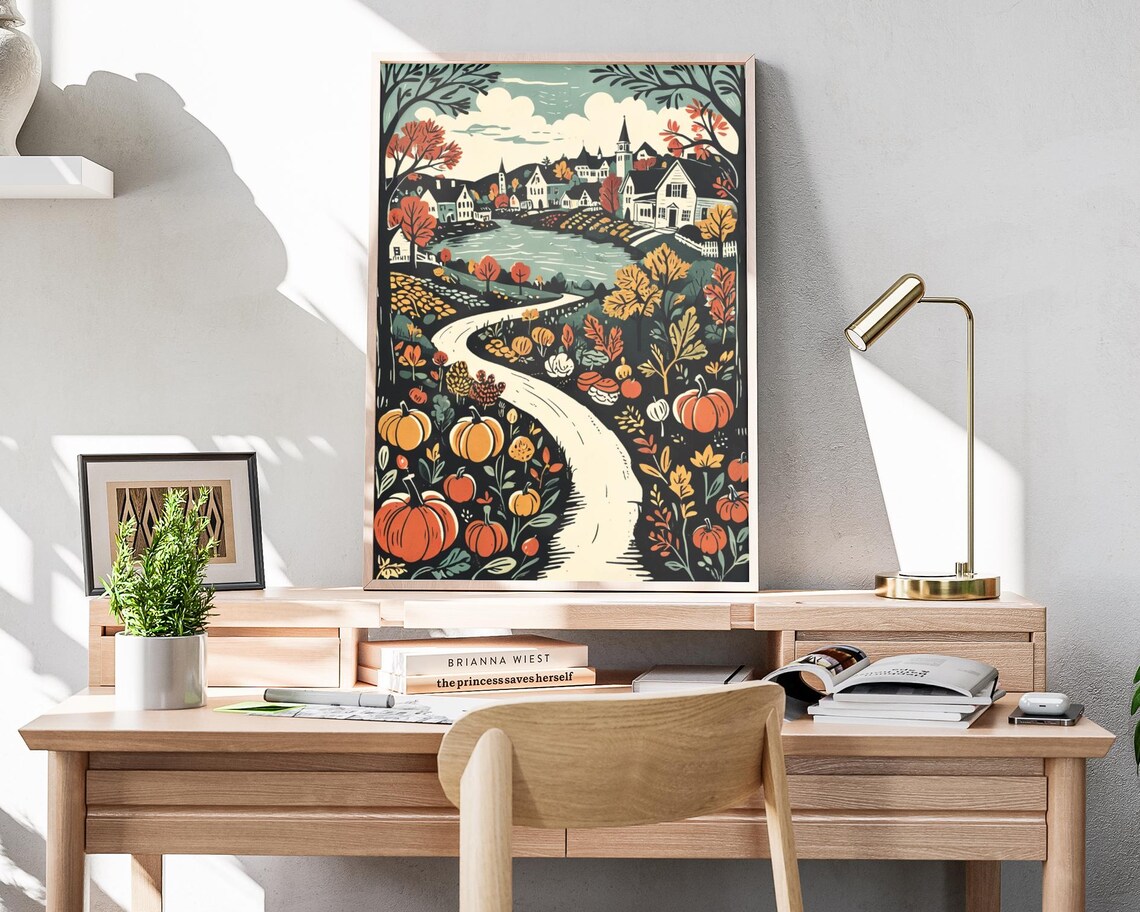 Autumn Countryside Road To Village Pumpkins Harvest Foliage Folk Art Poster - Image 4