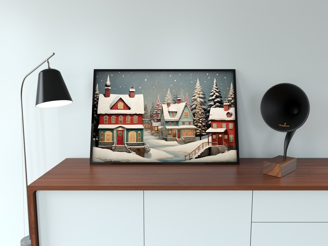 Folk Art Snowy Christmas Village Red Houses Winter Trees Poster - Image 4