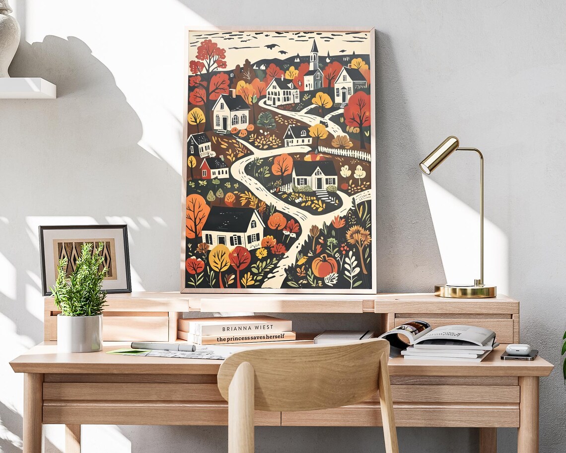 Autumn Village With Church Winding Road Pumpkins Fall Trees Folk Art Poster - Image 4