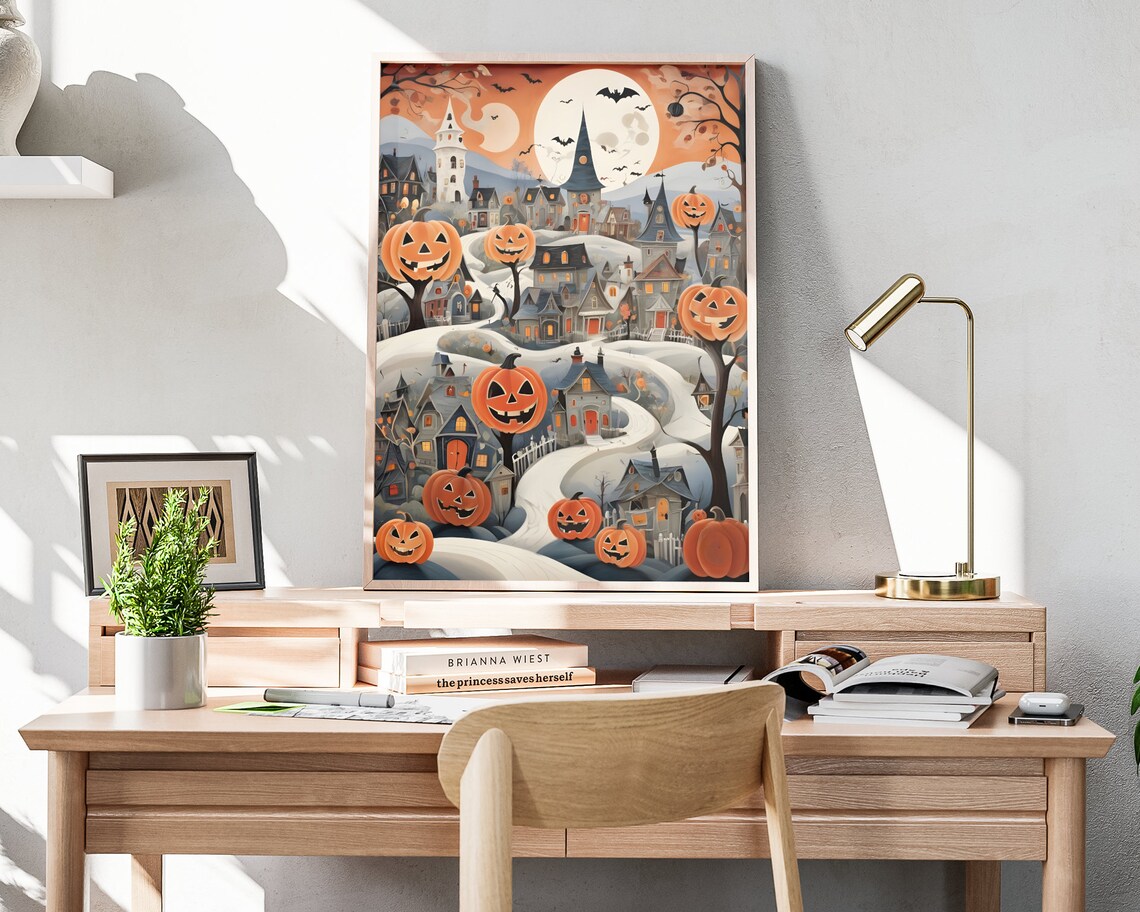 Halloween Town Giant Pumpkins Winding Road Moonlit Night Poster - Image 4