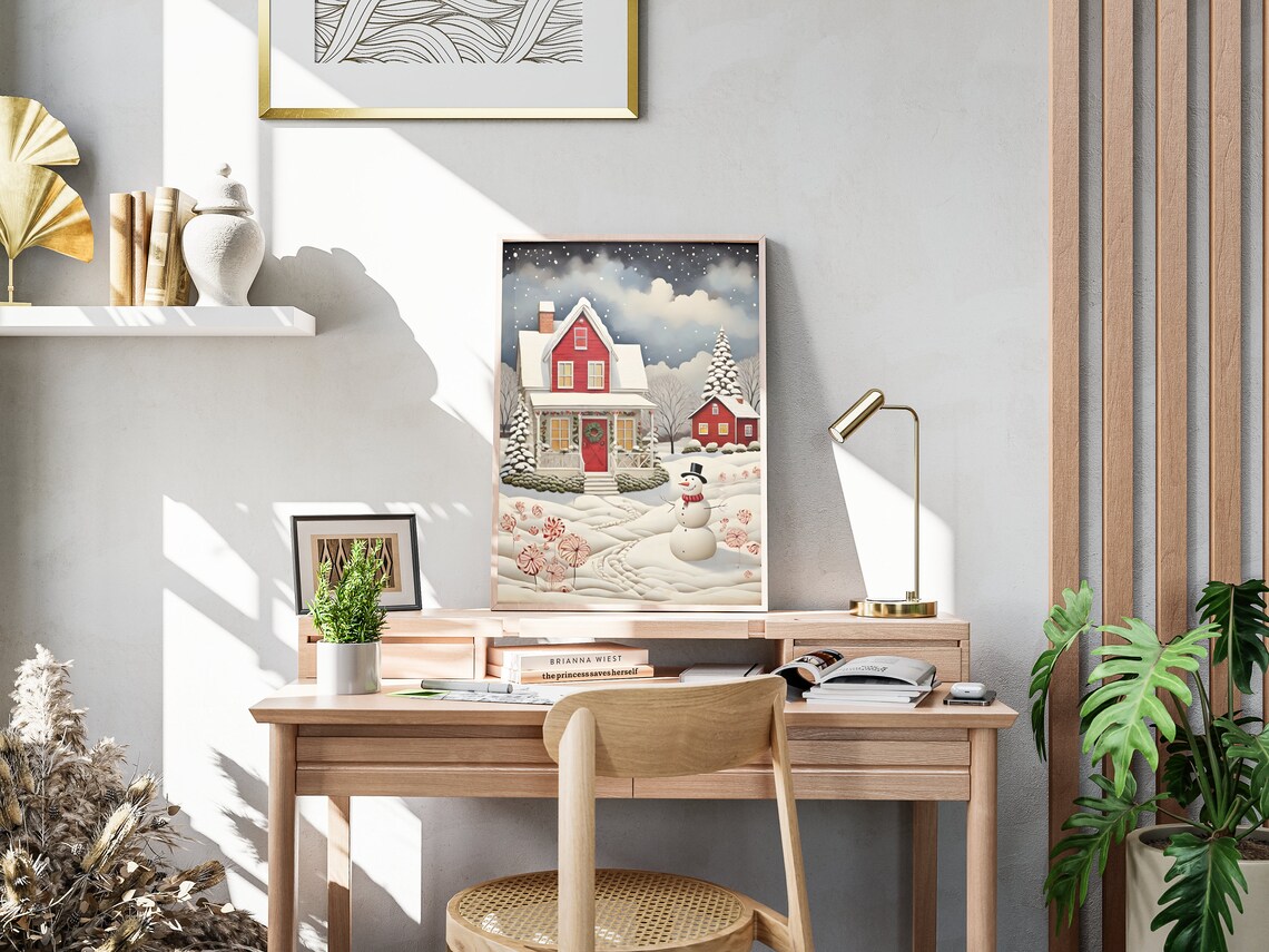 Red House Snowy Night Snowman Starry Sky Christmas Winter Poster - Image 4