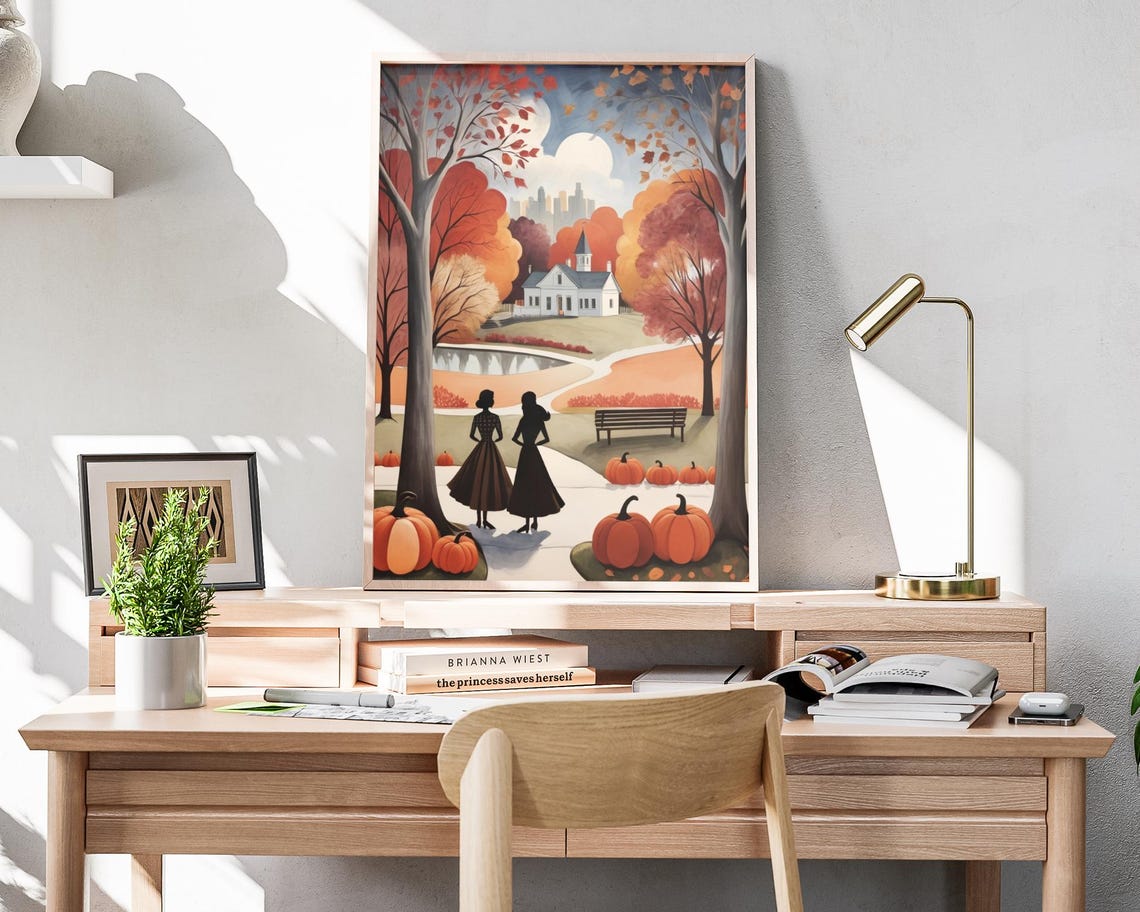Autumn Park Stroll Chapel Pumpkins Elegant Fall Trees Scene Poster - Image 4