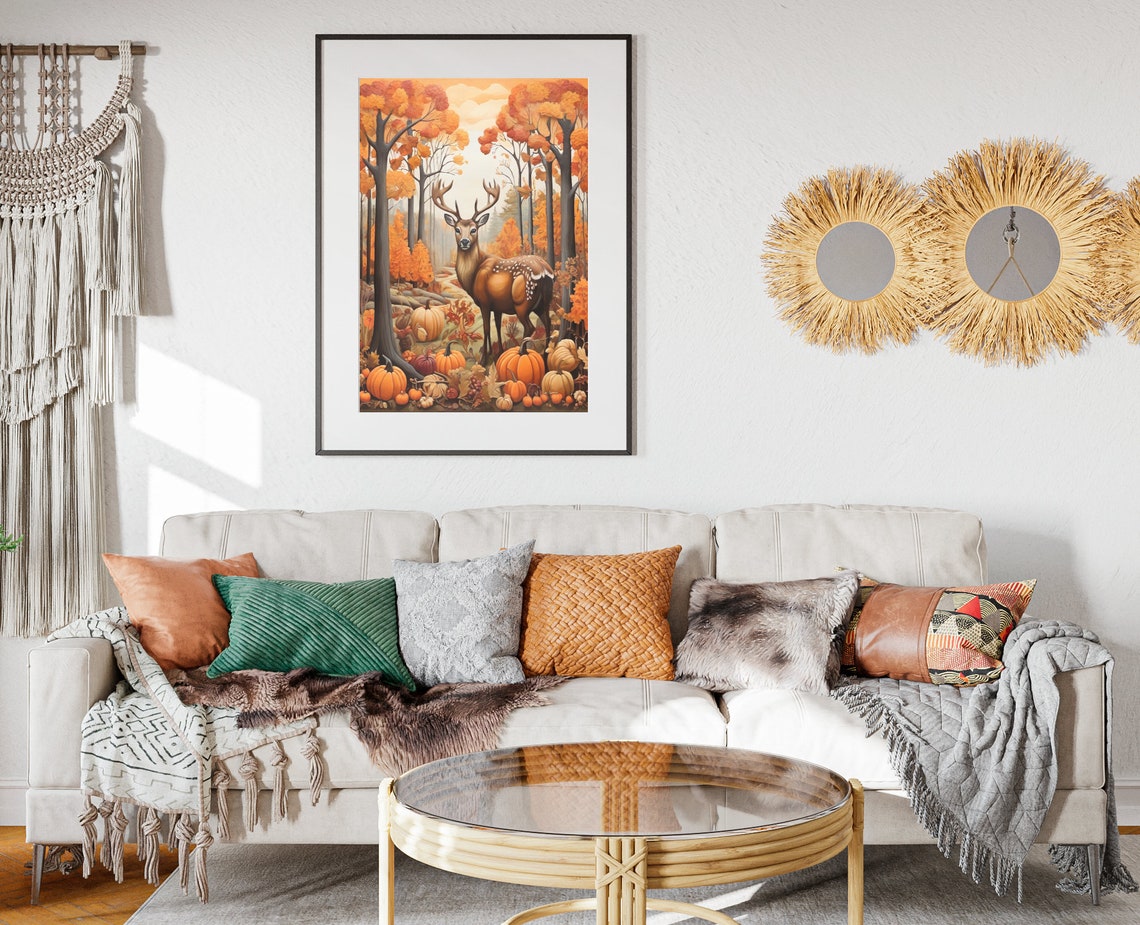 Majestic Stag Autumn Forest Pumpkins Harvest Fall Folk Art Poster - Image 2
