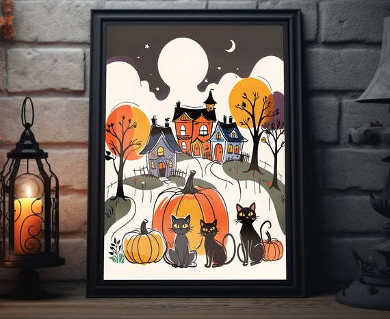 Cute Halloween Black Cats Pumpkins Haunted Houses Night Art Poster