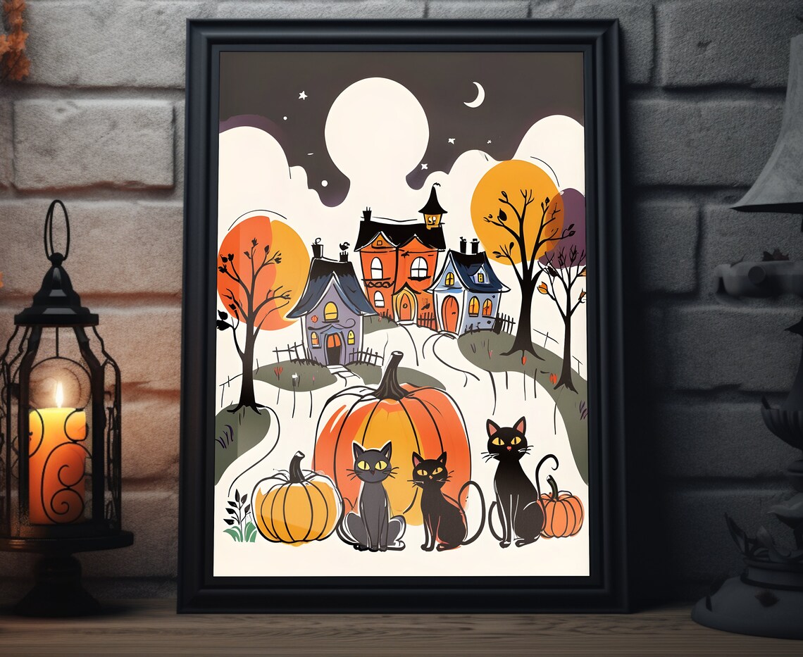 Cute Halloween Black Cats Pumpkins Haunted Houses Night Art Poster