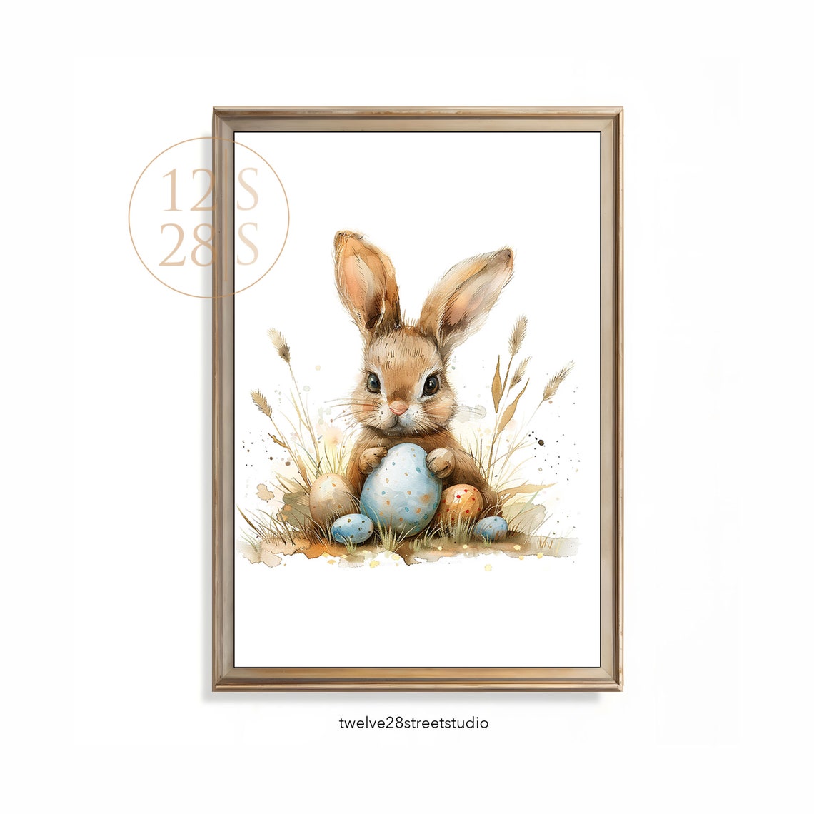 Watercolor Easter Bunny Holding Blue Egg Spring Nursery Decor Poster