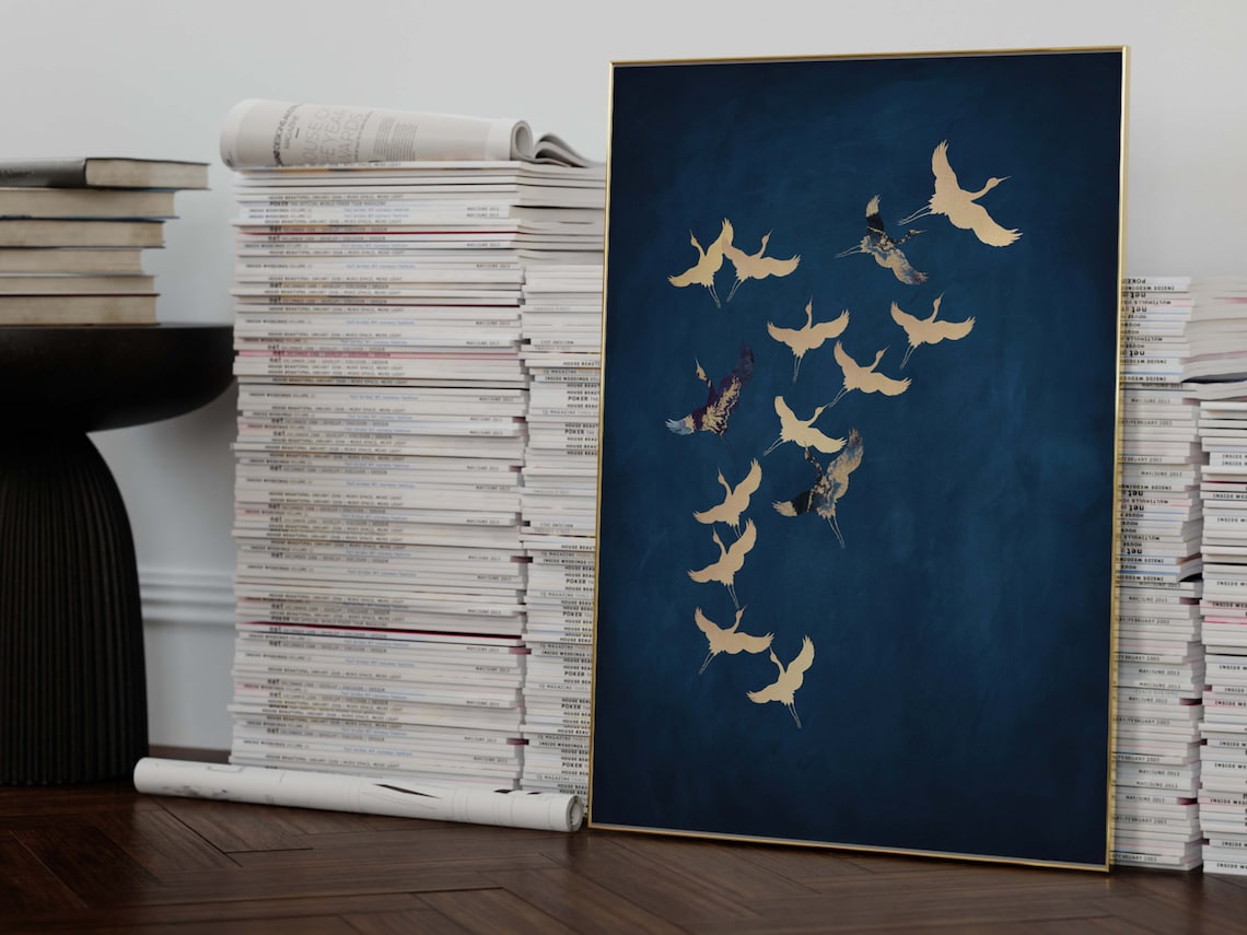 Flying Cranes Japanese Print, Sapphire Blue Maximalist - Image 3