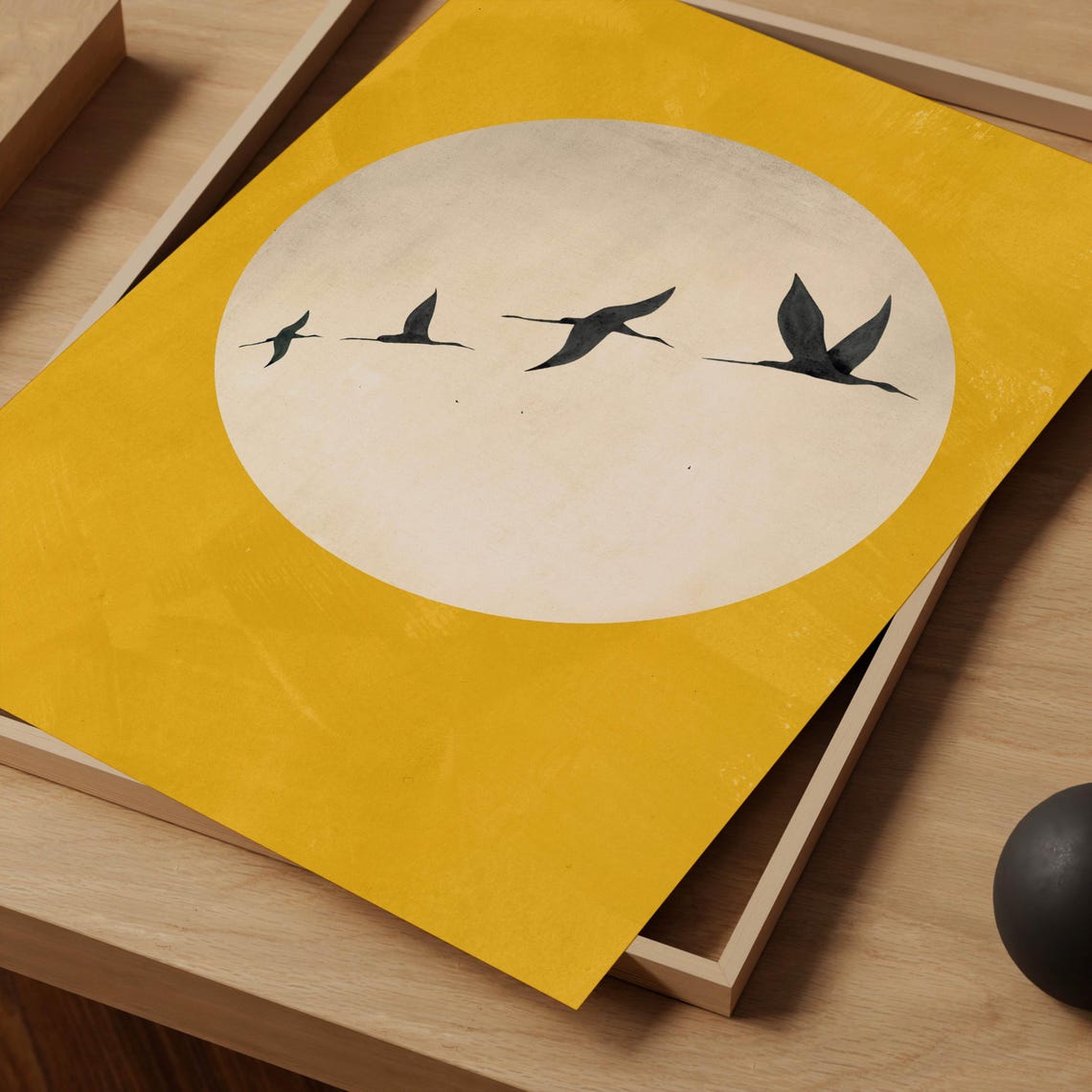 Japandi Yellow Sun Flying Birds Silhouette Minimal Art Poster - Image 3