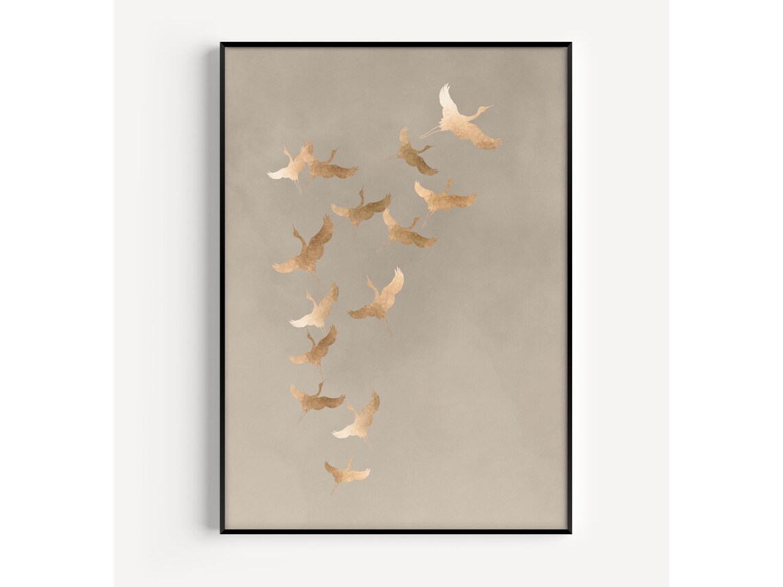 Japanese Cranes Beige And Gold Art Print