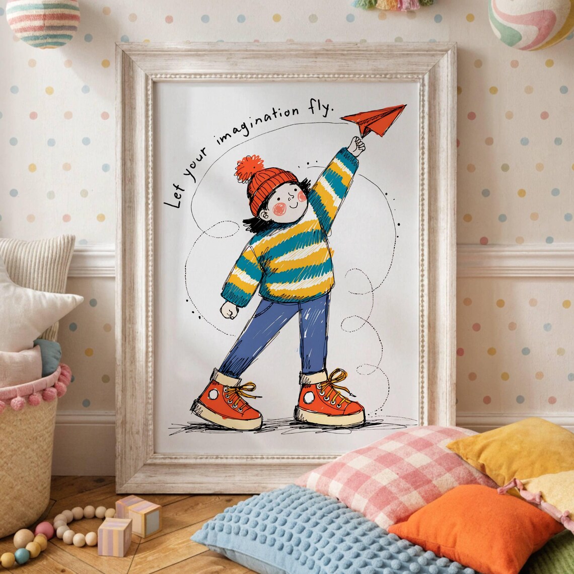 Let Your Imagination Fly Paper Airplane Girl Kids Nursery Poster