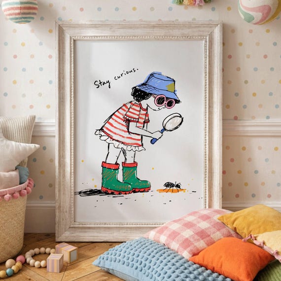 Nursery Printable Stay Curious Unisex Playroom Art Affirmations Kids Gift For Mom Baby Shower Hand Drawn Style Digital Download