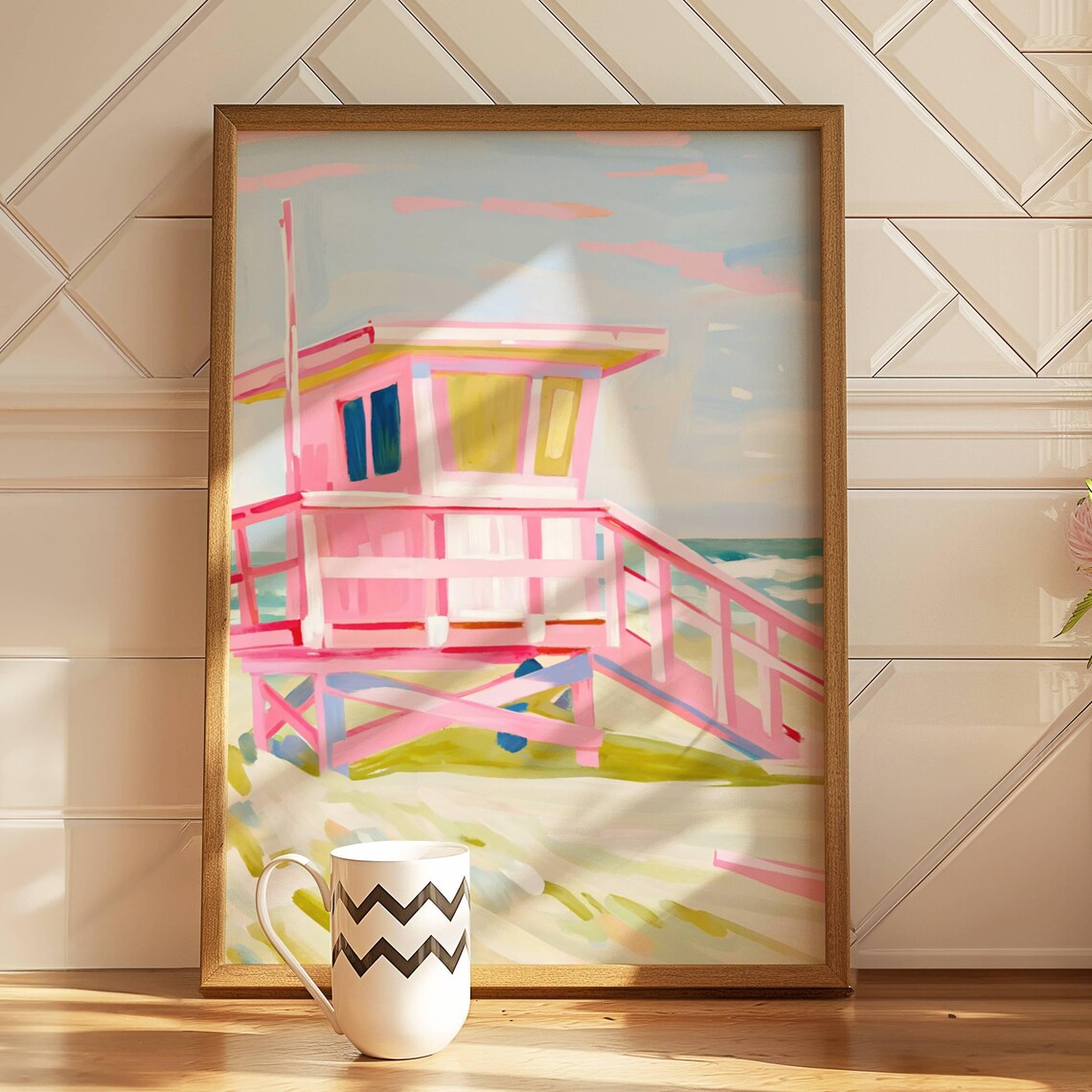 Pink Lifeguard Tower Pastel Coastal Beach House Summer Poster