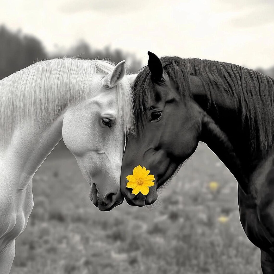 Black And White Horse Couple Nuzzling With Yellow Flower Accent Poster
