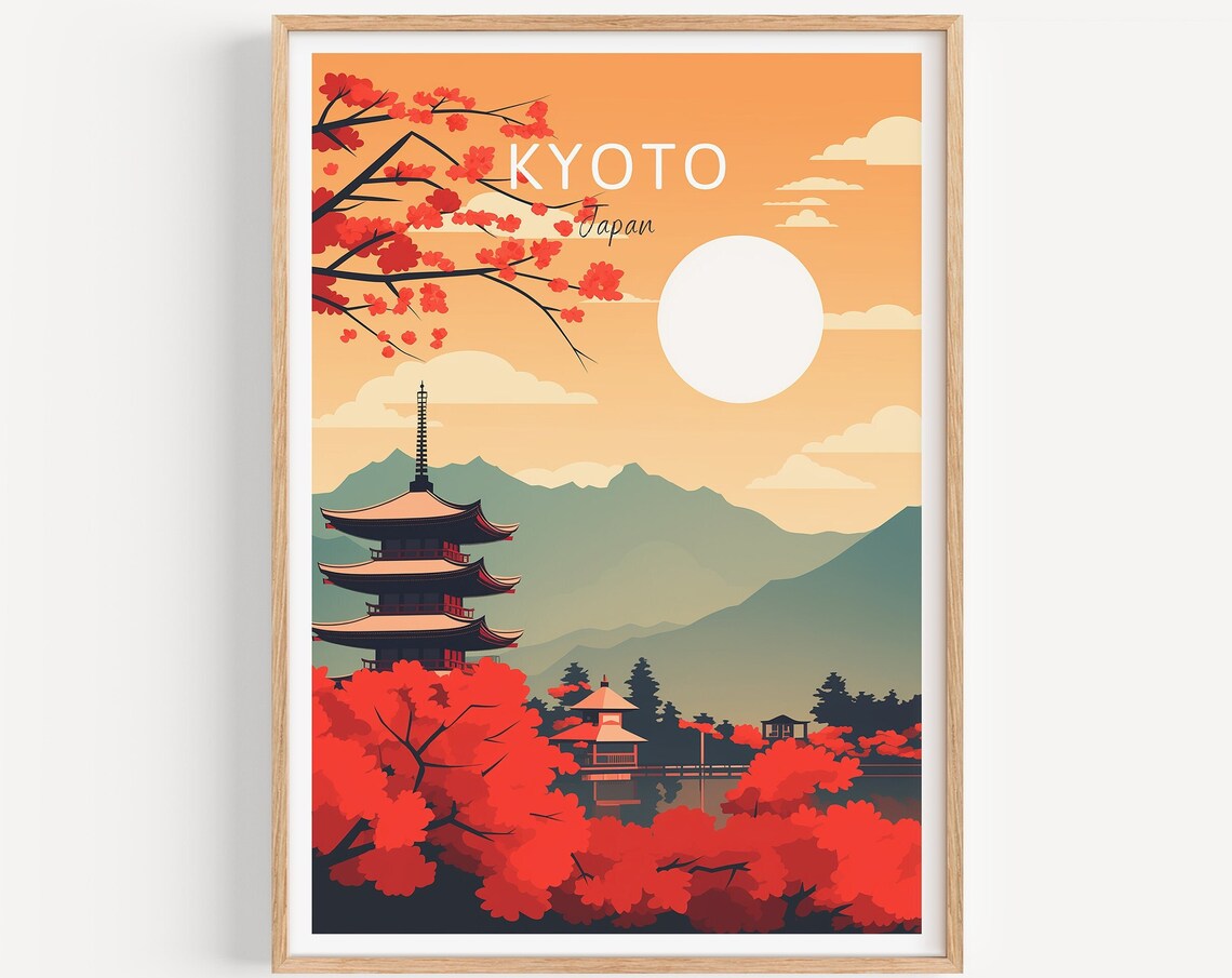Kyoto Japan Five Story Pagoda Red Maple Trees Sunset Travel Poster
